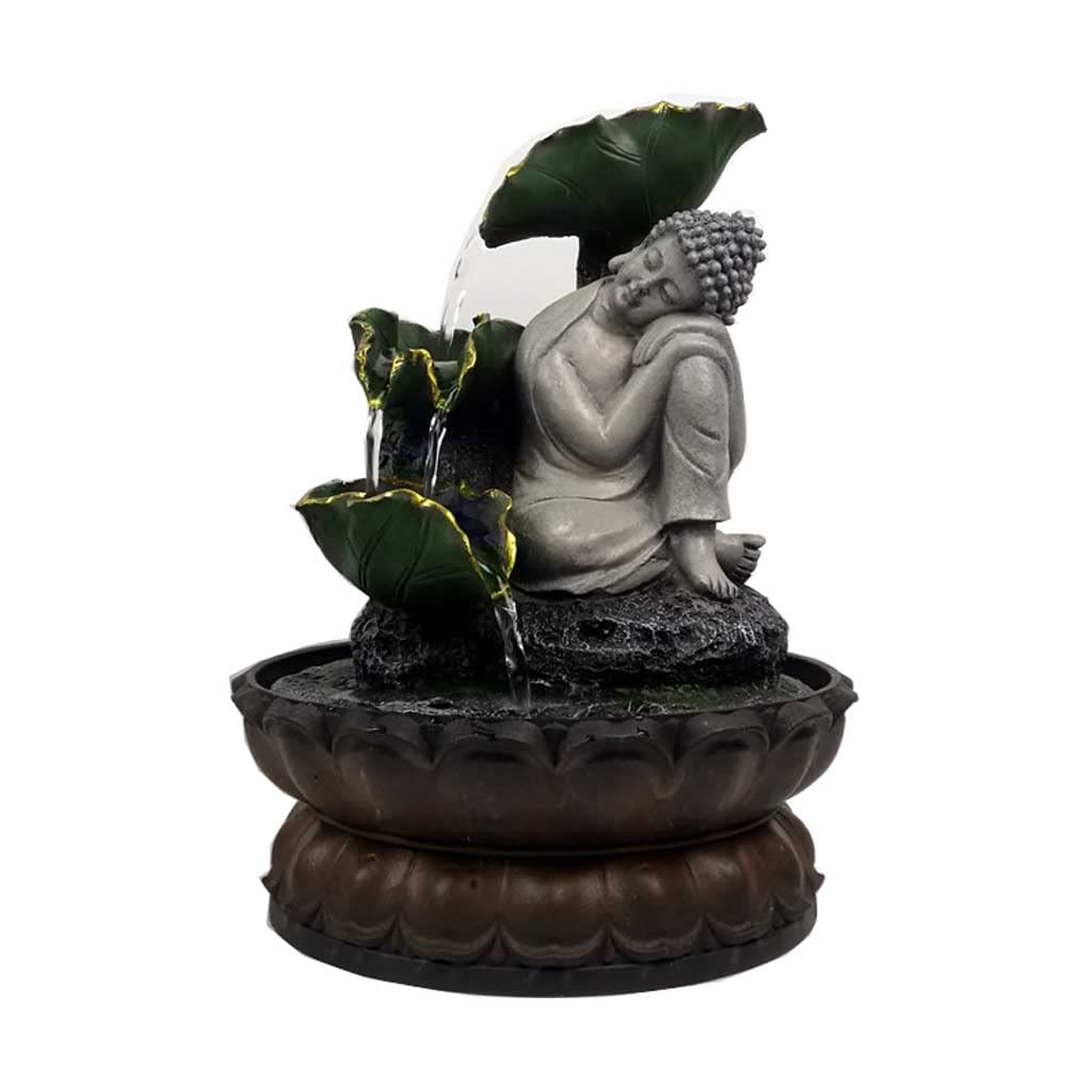 Fontaine de table d’intérieur, fontaine cascade décorative, en polyrésine, motif Bouddha, avec éclairage LED, avec pompe à eau, style Feng Shui Zen, pour espace yoga, espace méditation, espace