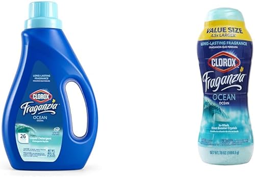 Clorox Fraganzia Laundry Refresh Bundle Detergente líquido oceánico, 40 onzas líquidas y cristales potenciadores de aroma en lavado, 70 onzas para