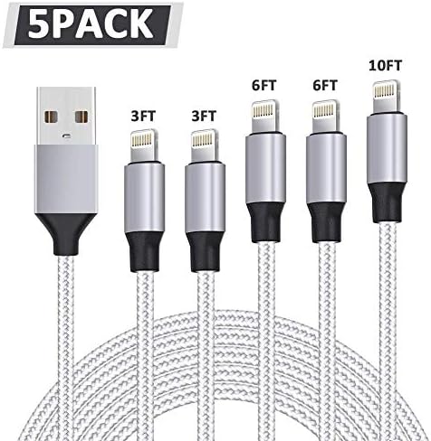 WUYA iPhone Charger, MFi Certified Lightning Cable 5 Pack (3/3/6/6/10FT) Nylon Woven with Metal Connector Compatible iPhone Xs Max/X/8/7/Plus/6S/6/SE/5S iPad - Sliver