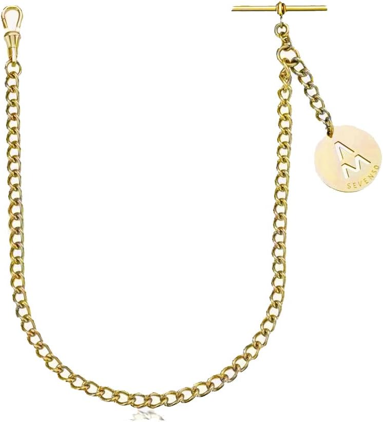 SEVEN50 14’’ Premium Silver Tone Chrome Plated 6mm Wide T Bar Single Curb Suit Vest | Pocket | Watch Chain for Men in Stainless Steel with Amazing Gift Box