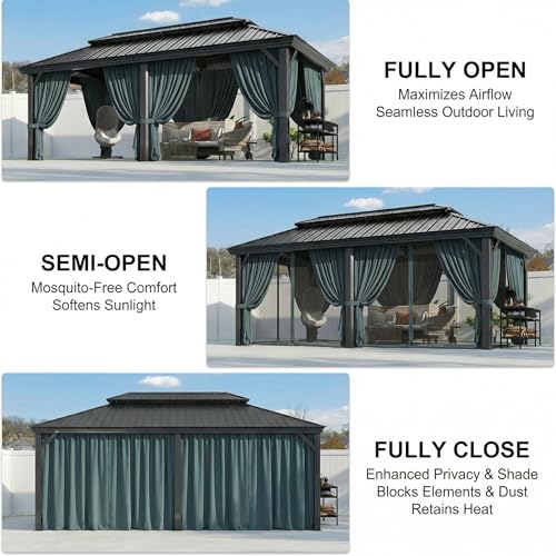 Image of HOTEEL 12x20 Gazebo on Clearance with Metal Roof, Heavy Duty Hardtop Gazebo with Flame-Retardant Curtain & Netting, Outdoor Hard Top Gazebos with Galvanized Steel Double Roof for Backyarad,Patio Black