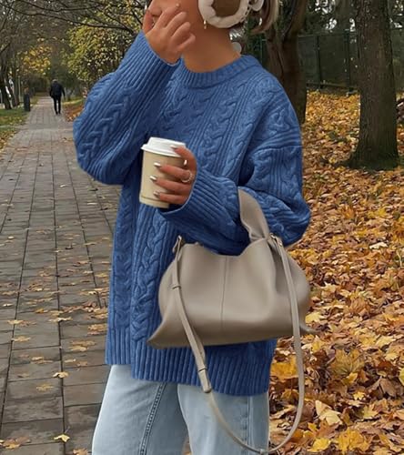 Okiwam Women's Oversized Sweaters Crewneck Cable Knit Pullover Casual Loose Fall Outfits Fashion Clothes 2025