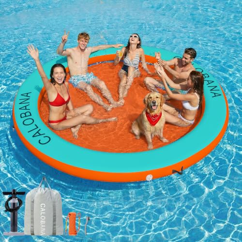 CALOBANA 8ft Round Inflatable Dock Heavy Duty Water Hammock Floating Ring Island Platform Lake Raft for Adults Party Tanning Pool Mint Green & Orange & Orange