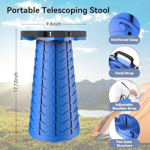 Image of 2026 Upgraded Collapsible Stool, Portable Folding Stool, Telescoping Camping Stool with Max Load Capacity 485lbs, Square Retractable Seat for Camping Gardening Fishing Hiking BBQ [Blue]