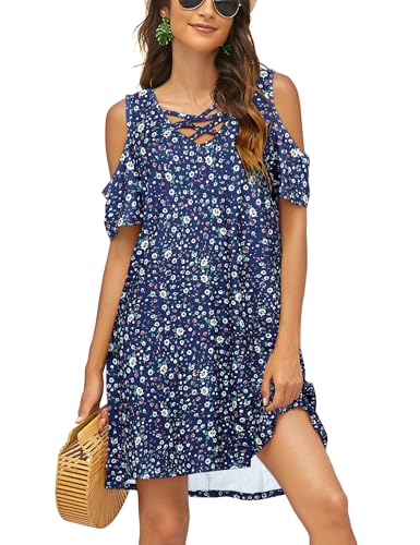 Image of Bluetime Women Cold Shoulder Summer Dress Short Sleeve Beach Casual Loose Swing Dress