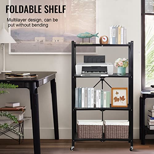 ارفف تخزين سميكة قابلة للطي من 4 طبقات مع عجلات من سكاي تاتش، وحدات رفوف قائمة معدنية شديدة التحمل، رفوف تخزين كبيرة السعة للمطبخ والمرآب والقبو وغرفة الادوات، بدون تجميع (اسود)