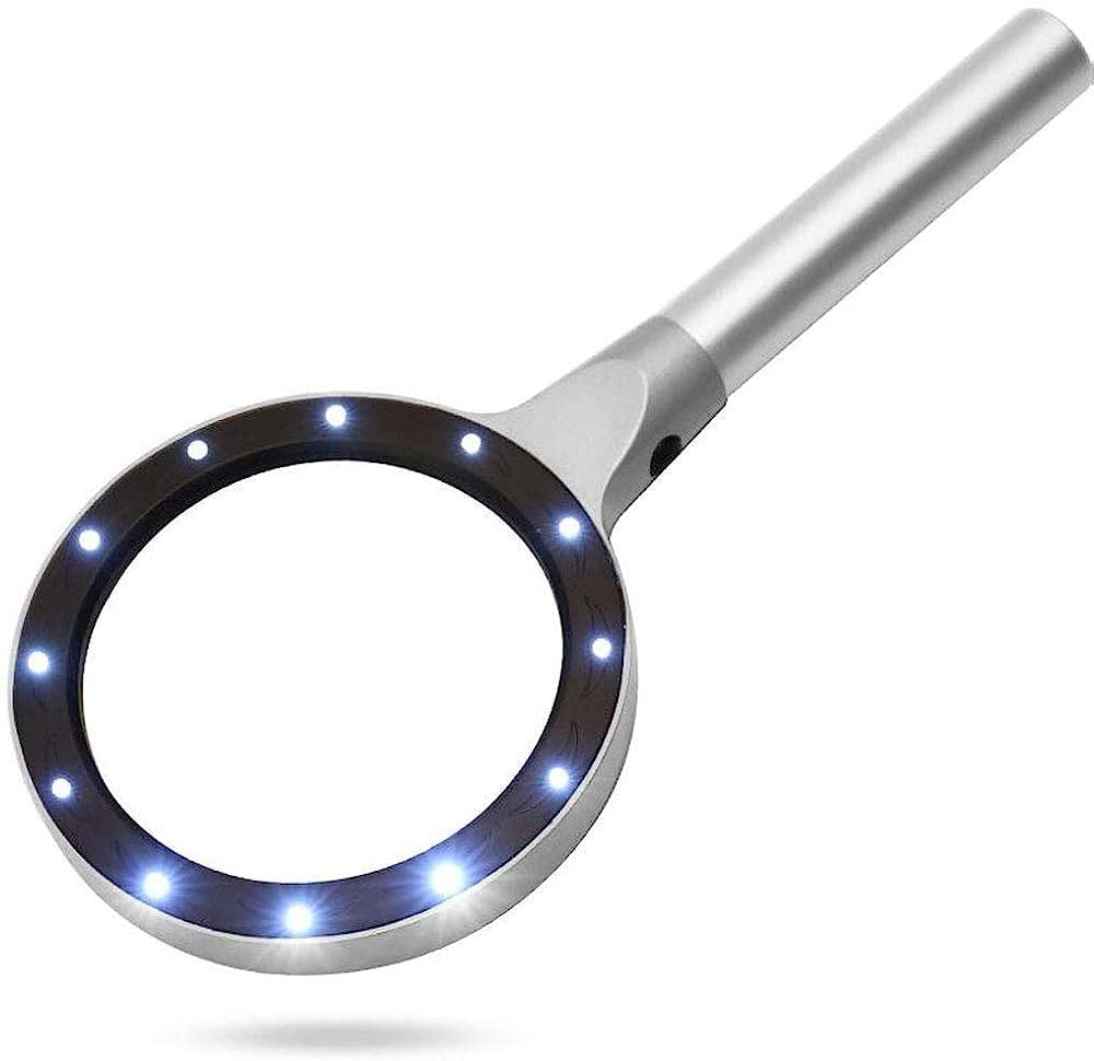 Leselupe, Handlupe mit Ganzmetallgehäuse, LED-Lampe und Staubbeutel