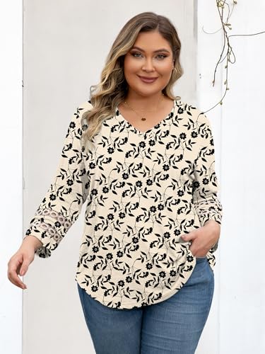 Chulianyouhuo Womens Plus Size Tops 3/4 Lace Sleeve Dressy Casual Blouses Trendy V Neck T Shirts Loose Fit Tees Tunic4