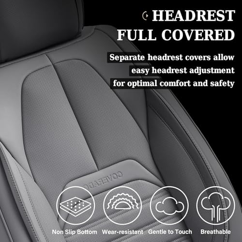 Image of Coverado Car Seat Covers Full Set, Gray Seat Covers for Cars, Automotive Seat Covers, Waterproof Nappa Leather Front Seats and Back Car Seat Protector, Universal Fit for Most Cars SUV Trucks