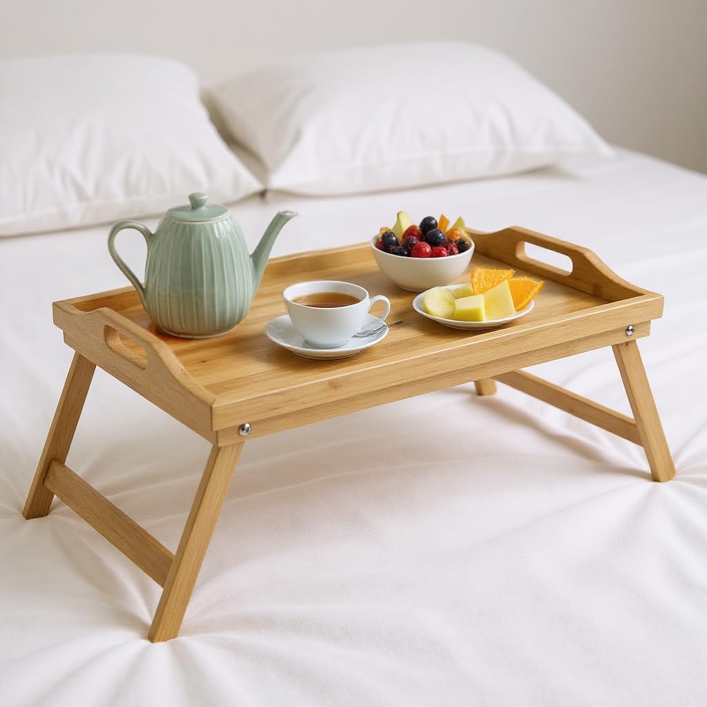 Betttablett klappbar groß Bambus Frühstückstablett fürs Bett Serviertablett mit Beinen Tablett Essenstablett