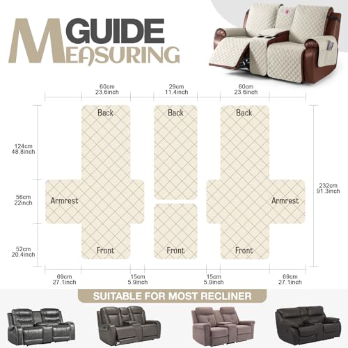 Image of KinCam 100% Waterproof Recliner Loveseat Cover with Console, Non-Slip Reclining Couch Covers for 2 Seat, Recliner Sofa Cover Furniture Protector with Elastic Straps for Kids, Pets, Ivory