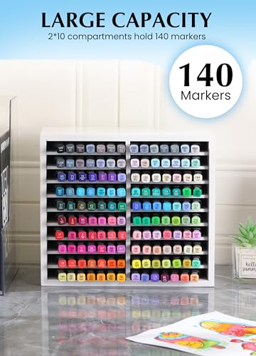 Image of Bamboo Marker Organizer for Desk, Marker Storage Organizer for 140 Markers,Pens, Pencils and Art Brushes,Wooden marker holder for Home, Classroom and Office Decor, White