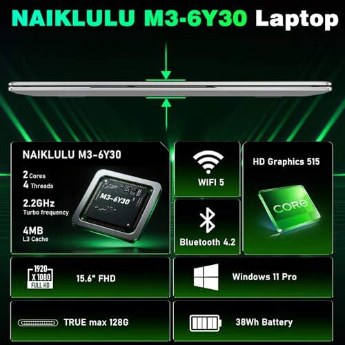 NAIKLULU 15.6 inch 2026 Cheap Laptop 16 GB RAM 256GB SSD, Processor M3 6Y30 Student Laptop Pc Computer, FHD 1920 x 1080P, 5000 MAh/38.5Wh, TF Card, Business/Student/Home - Image 3