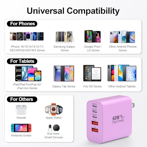 Image of USB C Charger Block, 60W 5-Port Type C Charger Fast Charging Blocks | USBC Multiple Port Wall Charger Plug for iPhone 17 /16 /15 /14 /13 /12 /11 Pro Max, Samsung Galaxy, Android Phone, iPad, Purple
