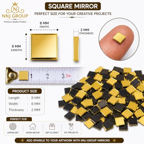 Image of NNJ GROUP 500 Pcs - Golden Square Shape Mirror Kit for Lippan Art and Craft Work, Jewellery Making with Fabric Glue