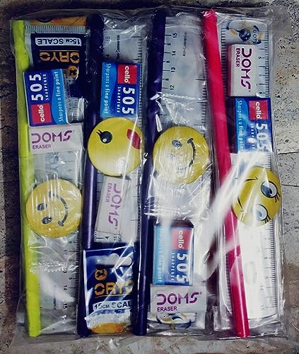 Image of School Boy and Girls Kids Return Gift Pencil, Scale, Eraser, Sharpener & Smiley Batch Stationary Set (Pack of 12)