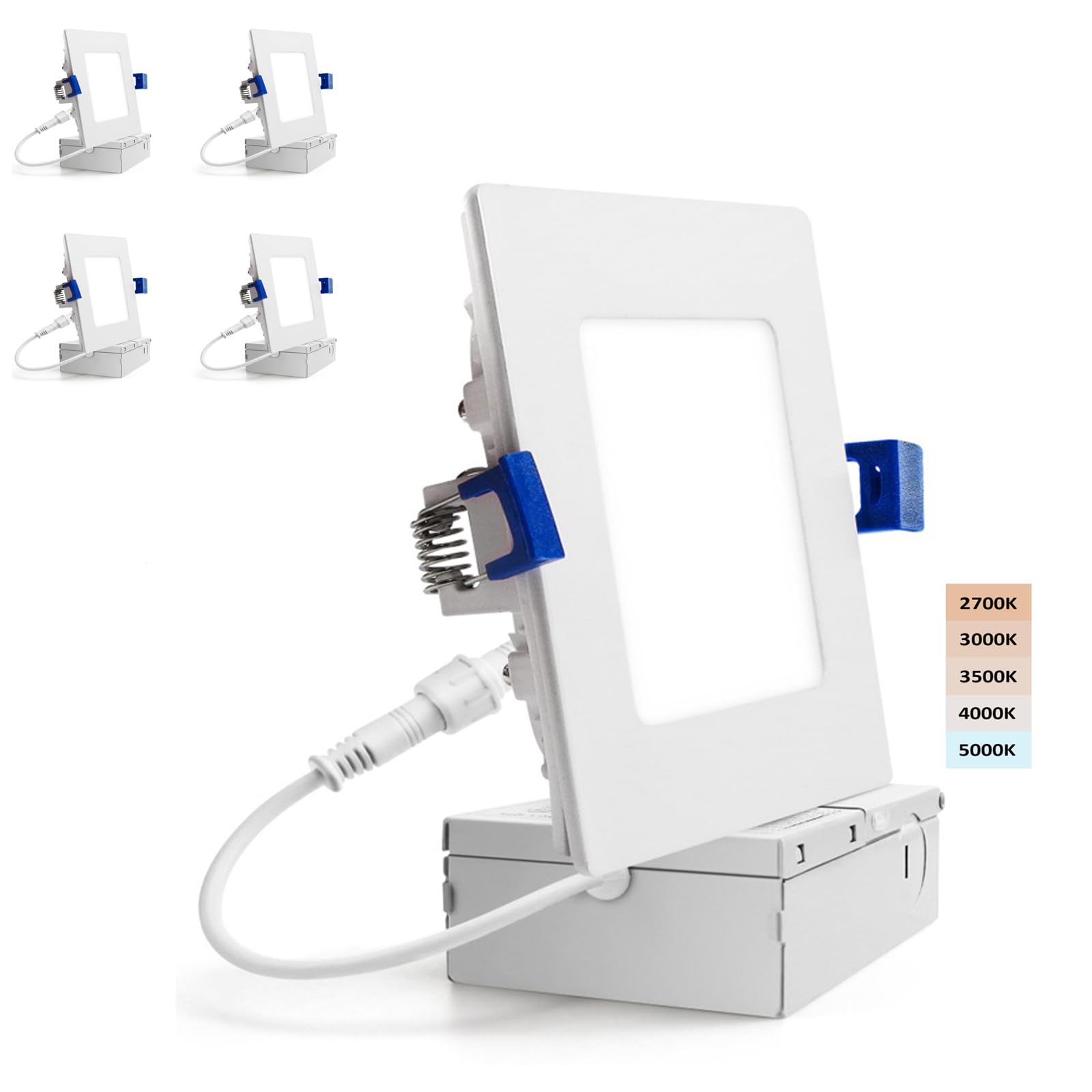 4 Inch Square Led Recessed Ceiling Light with Junction Box,Dimmable Ceiling Light Selectable 2700K-5000K,Square Recessed Led Lights for Shower,Square White Slim Panel Light (4 Pack)