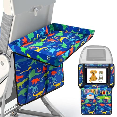 Adjustable Kids Tray Table Cover with Multi Portable Pockets Airplane Travel Essentials for Kids Toddlers Adults Airplane Must Haves Plane Travel Essential Travel Tray for Plane Train Dinosaur