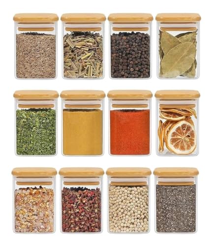 Image of Spice Jars with Airtight Bamboo Lid | 220 ml Glass Spice Bottles, Seasoning Containers for Salt, Sugar, Coffee Beans | Set of 12 square Jars with Wooden Lids | with spice masala lables