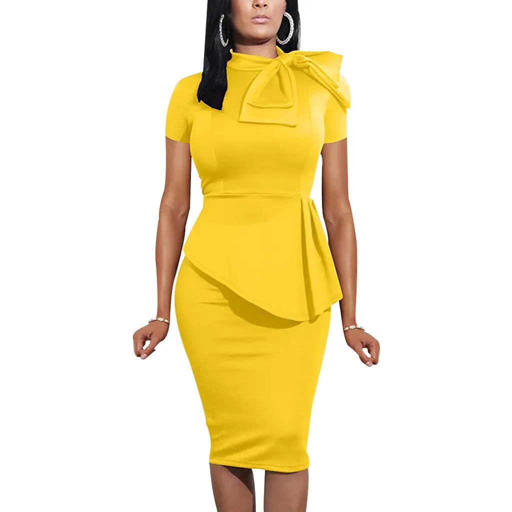 Womens Business Pencil Skirt Bow Collar Short Sleeves Ruffled Waistband Fitted Knee-Length Dress