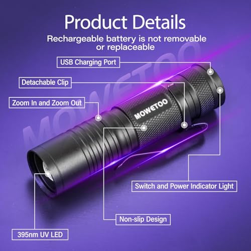 MOWETOO UV Taschenlampe Aufladbar - Mini LED UV Lampe Schwarzlicht Taschenlampe, 395nm Zoombare Ultraviolettes Licht Torch für Urinuntersuchung von Haustieren, Geldscheinkontrolle