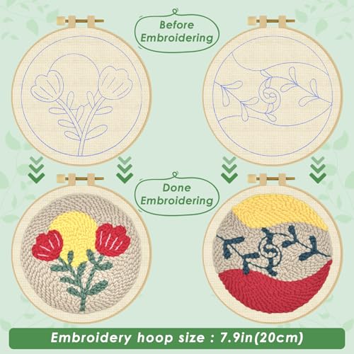 Image of ERKOON Punch Needle Kit Adults Beginners, 2 Pcs DIY Easy Floral Embroidery Set for Starter Art Craft, Needling Punching Project with Patterns, Tools, Yarns, Hoop, Instruction (Rose)