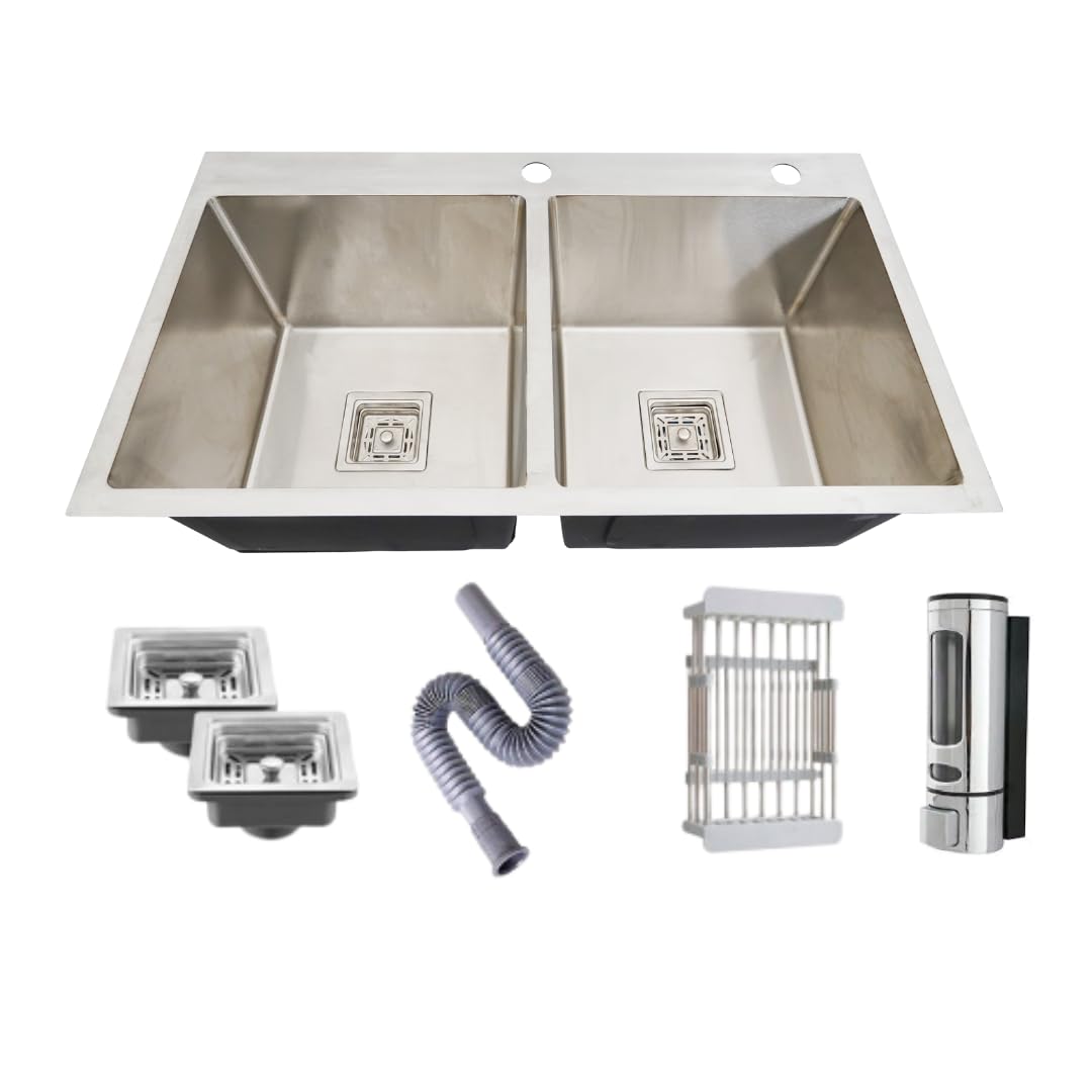 Bowls & More Handmade Double Bowl Kitchen Sink | 32" x 18" x 10" |304-Grade Stainless Steel Sink | Matte Finish Sink with Waste Pipe & Sink Coupling (Silver) (B0DB63YCQT) Amazon Price History, Amazon Price Tracker