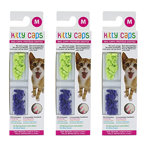 Image of Kitty Caps Nail Caps for Cats Spring Green with Glitter & Ultra Violet - Safe Stops Snags and Scratches, Medium (9-13 lbs), (FF9310PCS3) (Pack of 3)