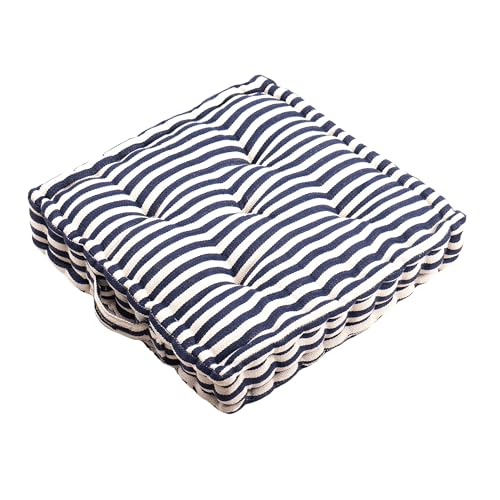 Image of Reversible 60x60x10 cm Woven Quilted Navy Stripe Floor Cushion with Cotton Filler for Seating, Patio Seat, Meditation, Yoga, Pooja, Guests, Living Room, Bedroom, Large Size 24x24x4 Inch