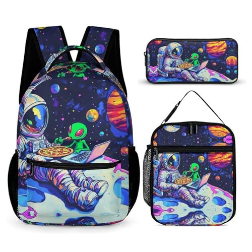 Astronaut Aliens Pizza Cute Backpacks Set Lightweight Lunch Bag Aesthetic Pencil Cases for Travel Work