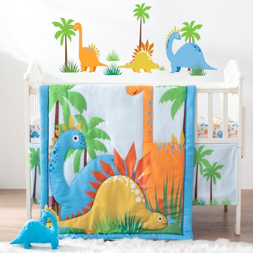 Image of Bertte 4 Piece Crib Bedding Set for Boys Girls, Nursery Bedding Standard Size Soft Baby Bedding Crib Set Including Cartoon Quilt, Crib Skirt, Fitted Crib Sheet and Plush Toy (Blue Dinosaur)