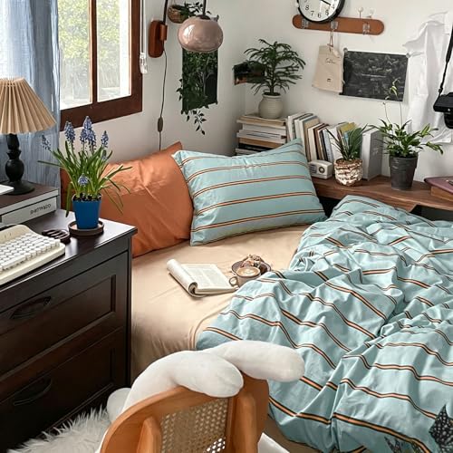 Image of mixinni Retro Mint Blue Striped Duvet Cover Set - 100% Natural Cotton 3-Piece Vintage Stripes Pattern Printed Bedding Set, Soft Breathable Comforter Cover with Zipper Closure & Corner Ties, Twin Size