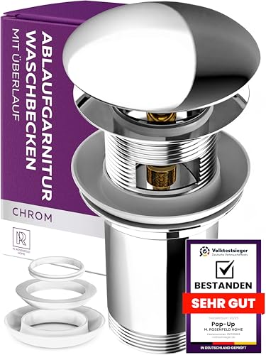 Desagüe de lavabo con rebosadero para lavabo – Válvula desplegable – Fregadero cromado con 4 juntas de repuesto de latón M. ROSENFELD HOME