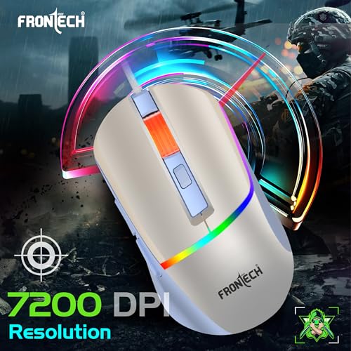 Image of FRONTECH MS-0105 Wired Gaming Mouse | 7200 DPI | 6 Programmable Buttons | 7-Color RGB Gaming Mouse Rainbow Lighting | Ergonomic Gaming Mouse | White & Blue | USB Interface | 1.5m Braided Cable