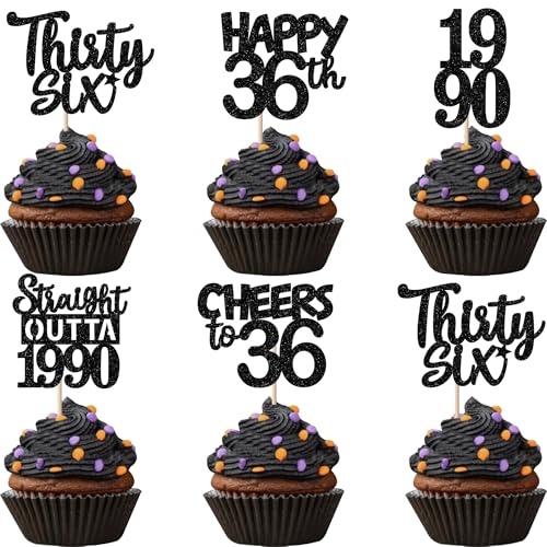 30PCS Black 36th Birthday Cupcake Toppers Glitter Thirty Six Happy 36th Straight Outta 1990 Cupcake Picks for Cheers to 36 Years Birthday Wedding Anniversary Party Cake Decorations Supplies