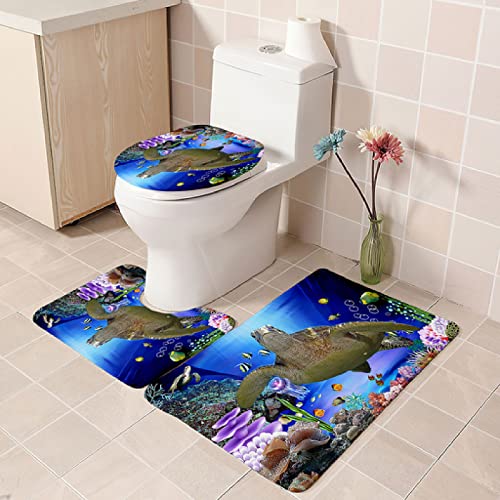 Badezimmer Teppich Set Weich Waschbar Badezimmerteppich 3 TLG rutschfeste Badeteppich WC Vorleger Deckelbezug U-förmige Konturmatte Memory Schaum Badezimmermatte ( Blaue Meeresschildkröte )