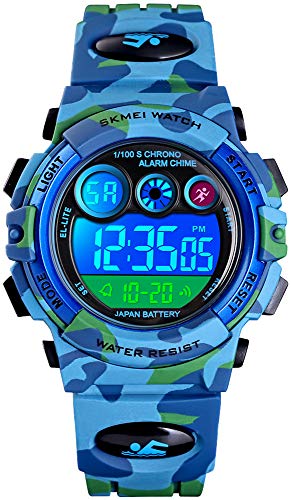 Kids Sport Watches LED Electronic Digital Watch Multifunction 50M Waterproof 2 Time Stopwatch Colorful Backlight Wristwatch (B Blue Camouflage)