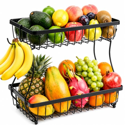 2-Tier Fruit Basket for Kitchen Counter with 2 Banana Hangers