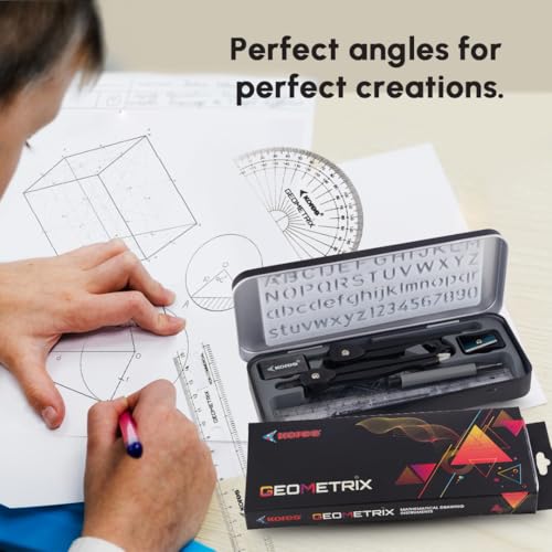 Image of Kores Geometrix Geometry Box for Students | Complete Mathematical Instrument Box with Die-Cast Compass, Divider, Protractor, Scale, Set Squares, Stencil, Pencil, Eraser & Sharpener | School & Exam Use