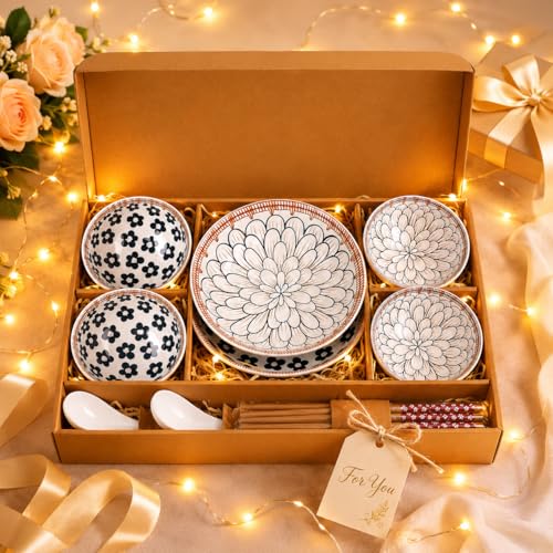Image of Japanese Ceramic Dinnerware Set for 2, Floral Bowl Plate Set with Chopsticks & Spoons, Microwave Dishwasher Safe Tableware Gift Set for Home Kitchen Dining