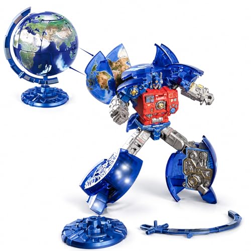Image of Blue Star Guardian Transformable Globe Robot - 2-in-1 Earth to Action Figure, 5.7 inch Globe / 7.9 inch Robot Mode, Removable Weapons & Shield, STEM Toy for Kids 6+ & Collectors, Creative Gift (Blue)