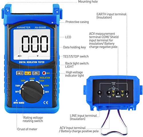 Aiomest DE-VTPJS-1215-1264 Digital Insulation Resistance Tester, Aimoest Megohmmeter 200Gω Meg Ohmmeter, 500V/1000V/2500V/5Kv Test Voltage, Auto Ranging Mega Ohm Meter Ac Voltmeter Ai-6688B thumb #2