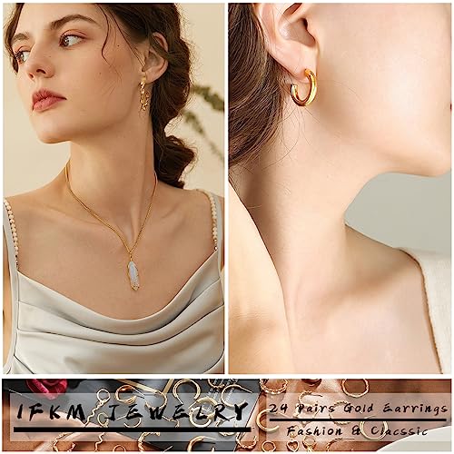 IFKM 24 Pairs Gold Hoop Earrings Set For Women 14K Gold Plated Hypoallergenic Chunky Chain Twisted Open Hoops Dangle Earring Packs For Birthday Party Christmas Fashion Jewelry Gift2