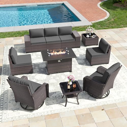 Image of 10 PCS Outdoor Patio Furniture Set,Outdoor Sectional Furniture with 43 inch 55000 BTU Gas Propane Fire Pit Table,All Weather PE Rattan Wicker Patio Conversation Set,Swivel Rocking Chairs Set,Grey