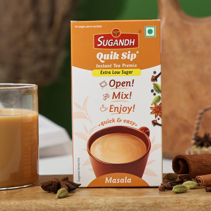 Image of Sugandh Quik Sip Instant Masala Chai Premix Extra Low Sugar (Pack of 2) - Single Serve Sachets - 2 Boxes of 10 Sachets each