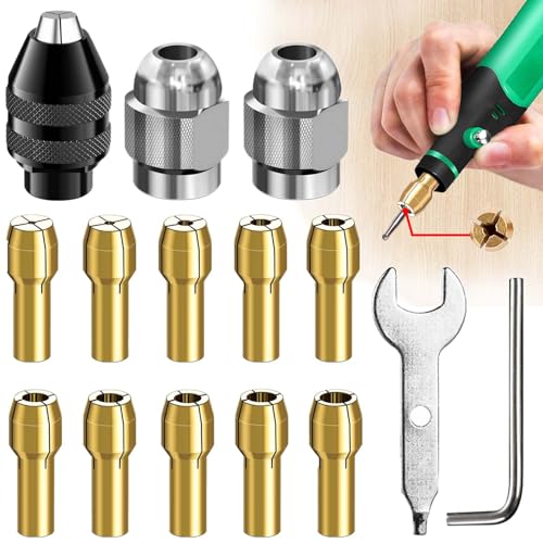 Soundzero 15 Piezas Portabrocas De Latón Precisión con Wrench, Universal Compatible 1/32' a 1/8', Para Dremel Herramientas Giratorias (0.5-3.2mm)