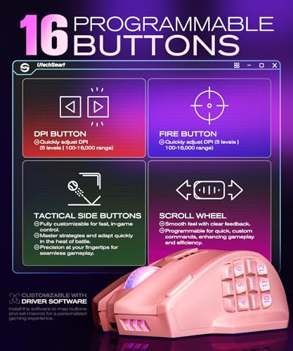 Image of UtechSmart Venus Pro Wireless MMO Gaming Mouse, 16,000 DPI Optical Sensor, Wired /Wireless Dual Modes, 16M Chroma RGB Lighting, 16 Programmable Buttons, Ergonomic Design, Up to 70H, Pink