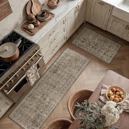 Kitchen Mats 2PCS Anti Fatigue Cushioned Mat Brown Vintage Kitchen Mats for Floor Waterproof Non Slip Comfort Standing Distressed Rug for Sink Laundry Office 17.3"x59"+17.3"x30" Vintage | Br