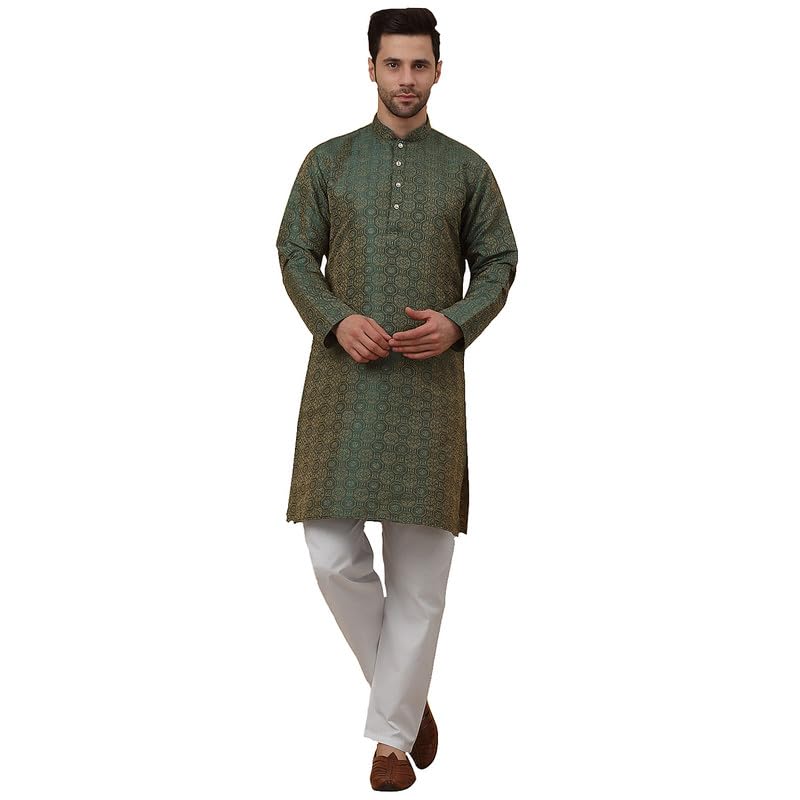 Men's Silk Blend Jacquard Bandhani Kurta With White Elastic Waistband Pyjama Set-image-44