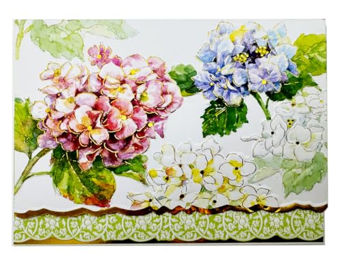 Image of Poster Foundry Classic Pink and Blue Hydrangea Boxed Note Cards by Carol Wilson. 10 embossed 4x5 Die-Cut Notecards and Matching Envelopes in Decorative Gift Box with Magnetic Flap. NCP6001